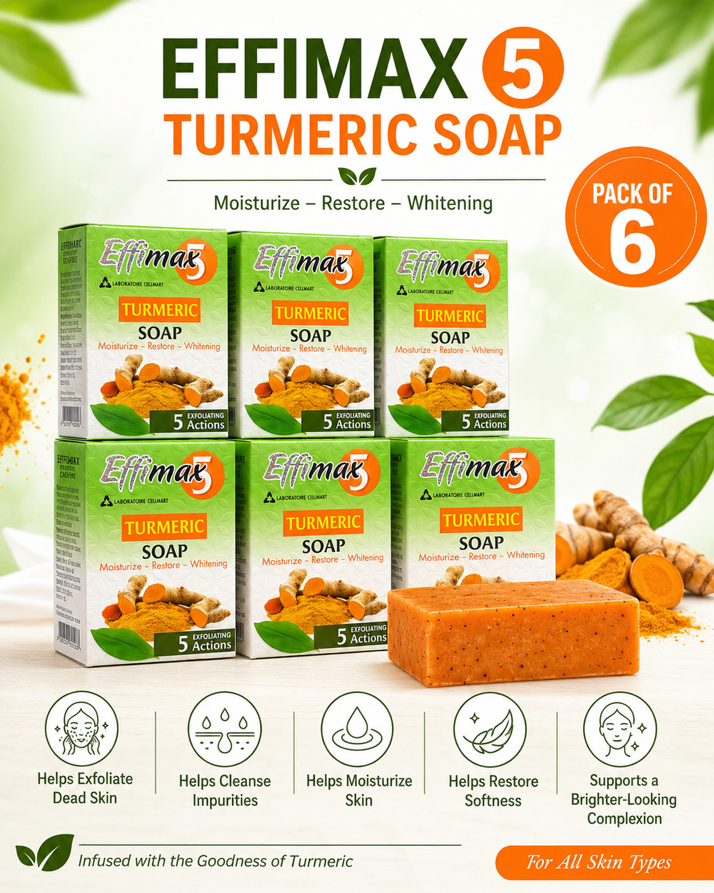 Effimax Turmeric Soap pack of 6. ( 75 grm x 6 )