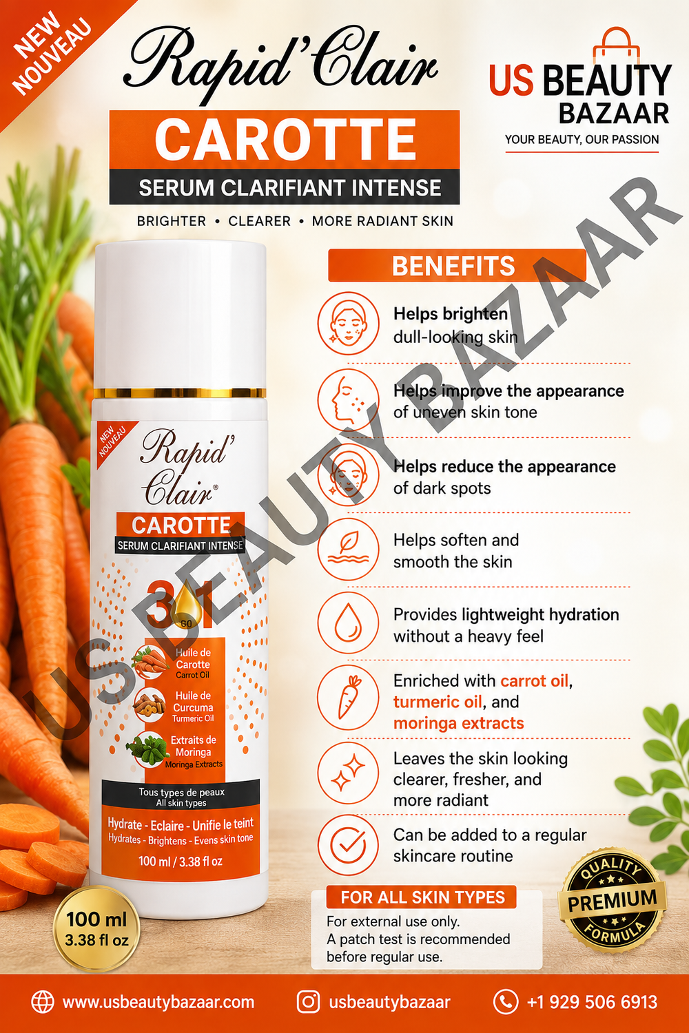 Rapid’ Clair Carotte Serum 3-1  100 ml  ( Enriched with carrot oil, turmeric oil, and moringa extracts )