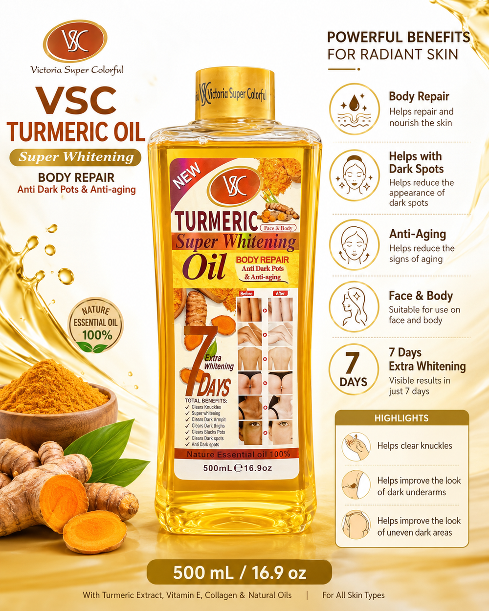 VSC Turmeric Super Whitening Body Oil 500 Ml 7 Days Results