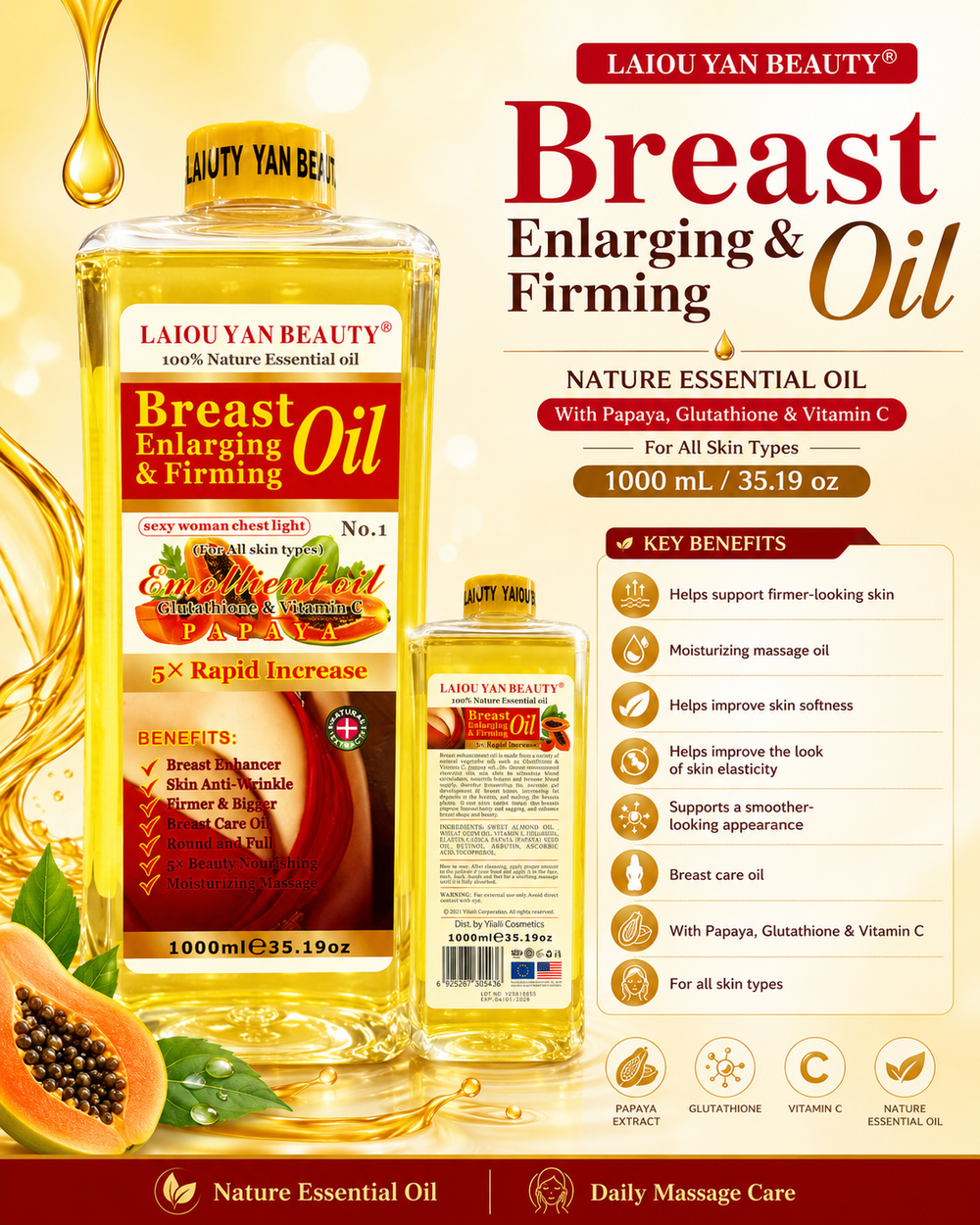 LAIOU YAN BEAUTY Papaya Breast Enlarging & Firming Oil 1000 ML