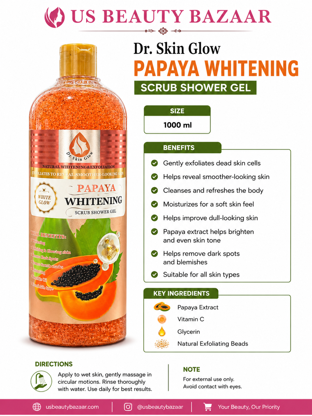 Dr. Skin Glow Papaya Whitening Scrub Shower Gel  Size: 1000 ml