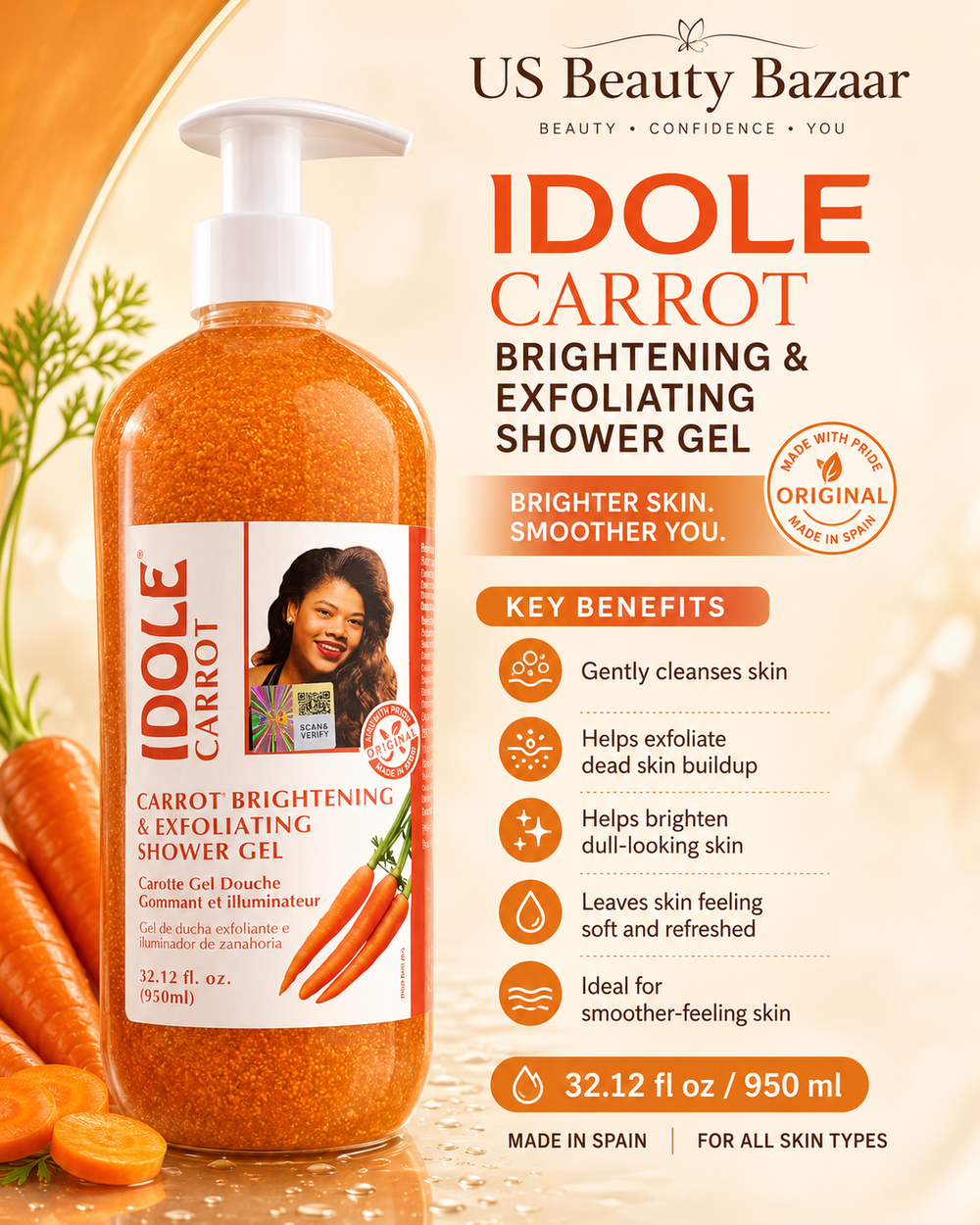 Idole Carrot Brightening & Exfoliating Shower Gel  Size: 32.12 fl oz / 950 ml