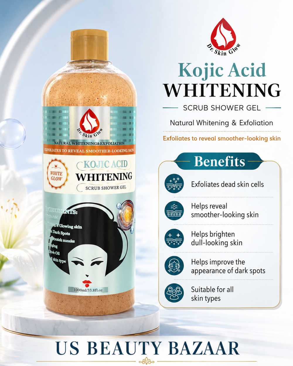 Dr. Skin Glow Kojic Acid Whitening Scrub Shower Gels 1000 ml / 33.8 fl. oz.