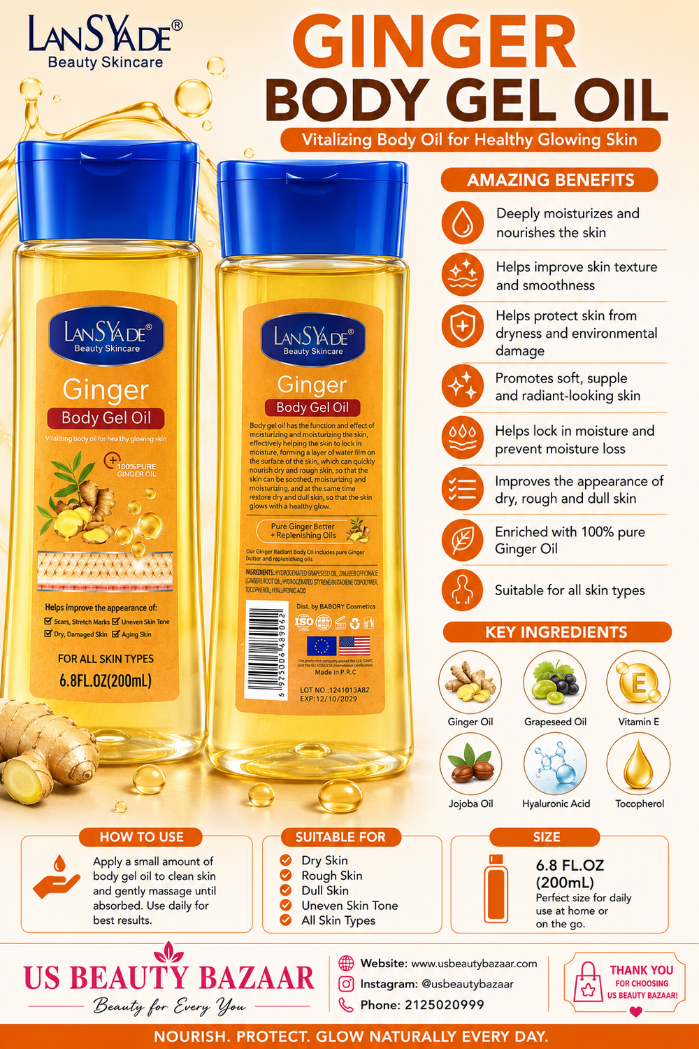 LanSyde Ginger Body Gel Oil 6.8 FL. OZ (200 mL)