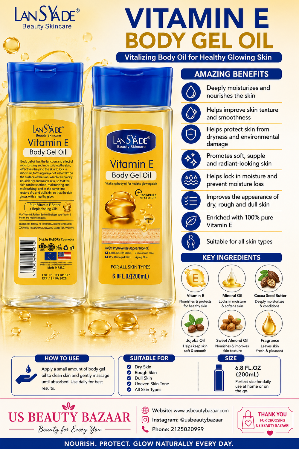 LanSyde Vitamin E Body Gel Oil -200 ml